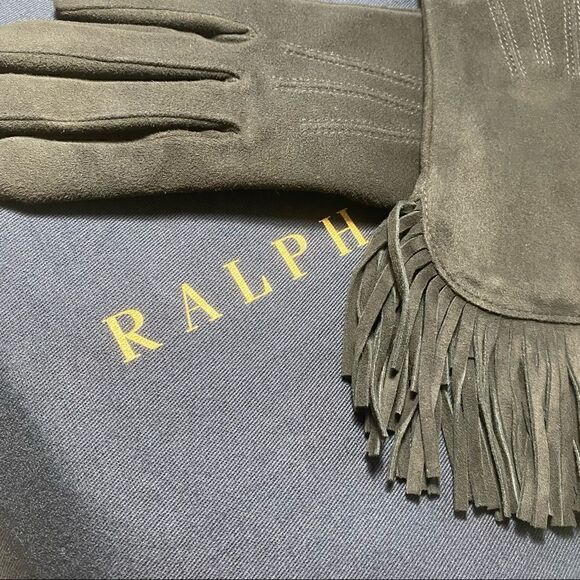 Ralph Lauren Collection ~ Black Cashmere Lined Lamb Suede Fringe Trimmed Gloves - Picture 10 of 16